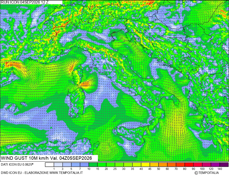 mappa 10 m Vento raffica massima