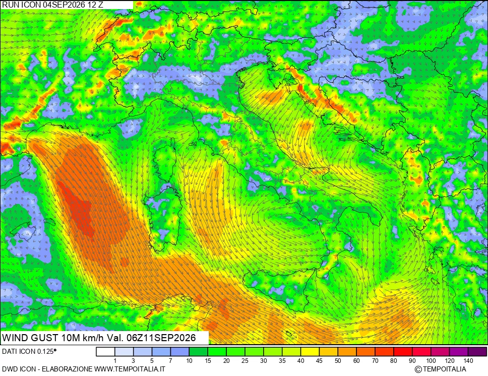 mappa 10 m Vento raffica massima