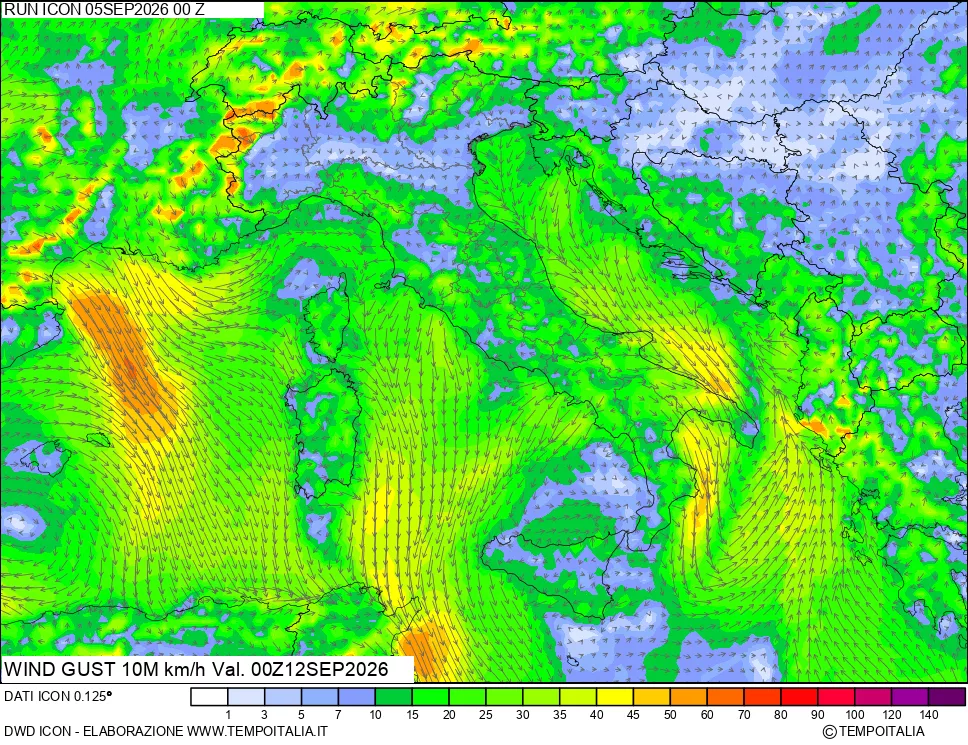 mappa 10 m Vento raffica massima