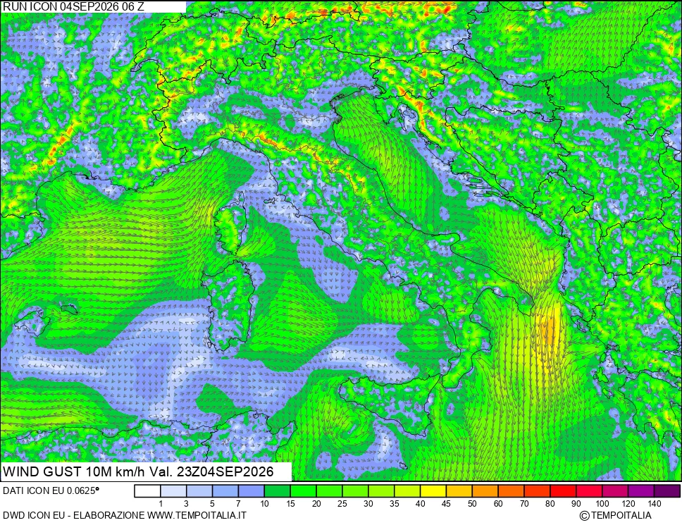 mappa 10 m Vento raffica massima