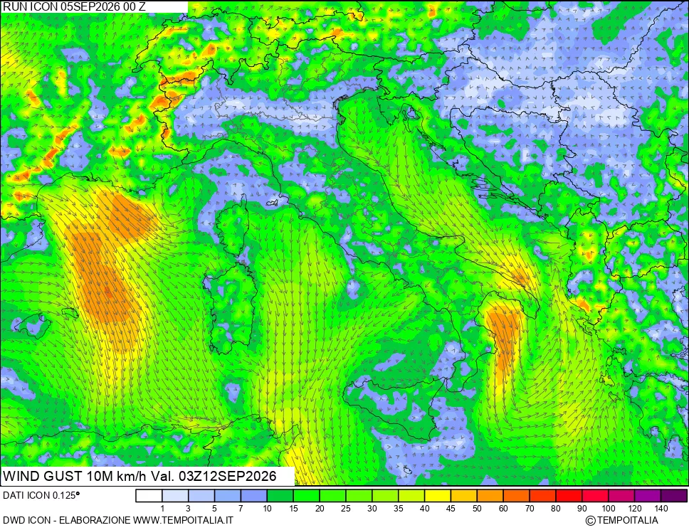 mappa 10 m Vento raffica massima