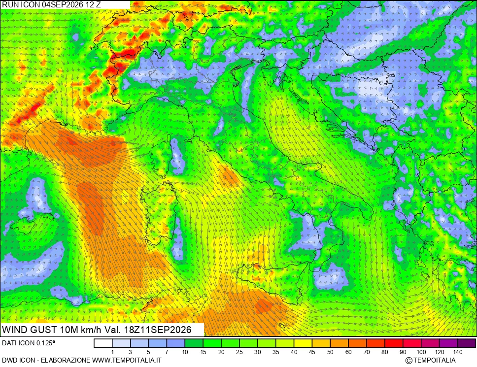 mappa 10 m Vento raffica massima