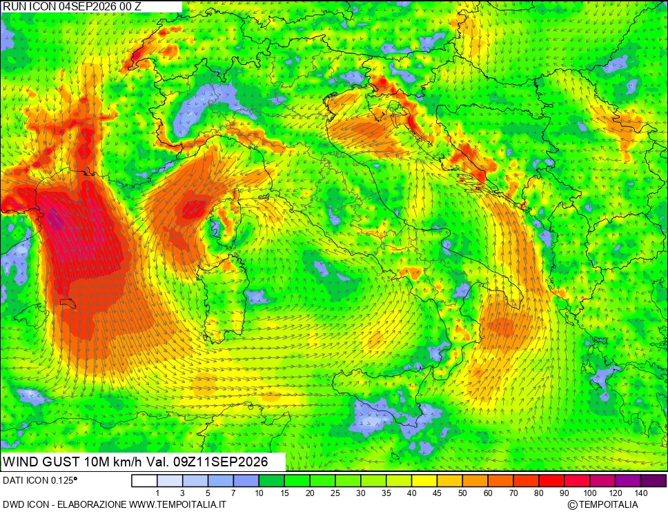 mappa 10 m Vento raffica massima