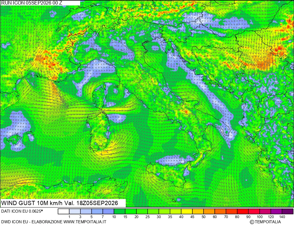 mappa 10 m Vento raffica massima