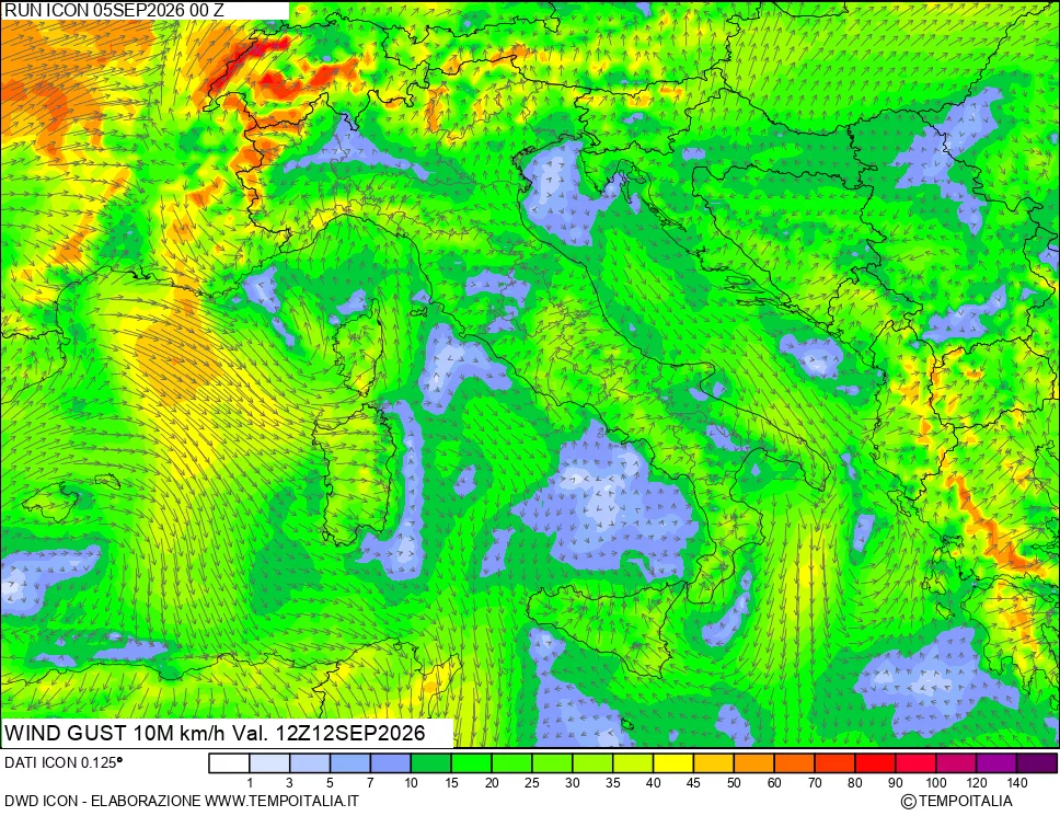 mappa 10 m Vento raffica massima