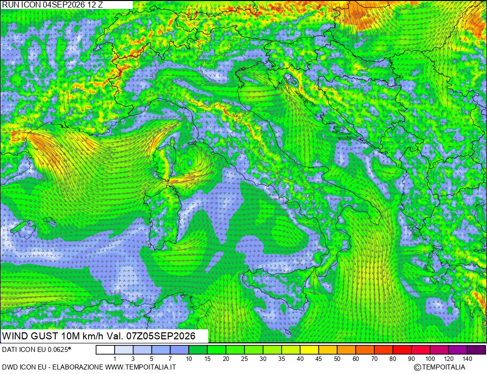 mappa 10 m Vento raffica massima