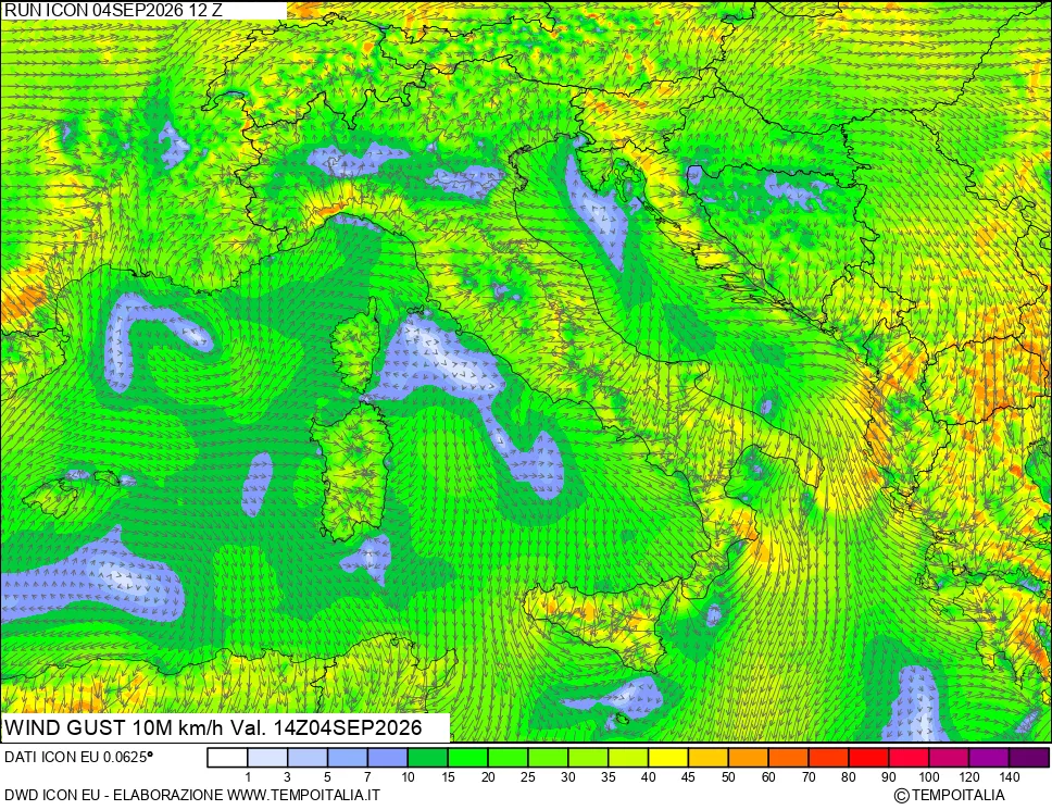 mappa 10 m Vento raffica massima