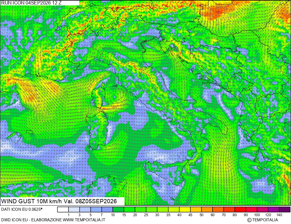 mappa 10 m Vento raffica massima