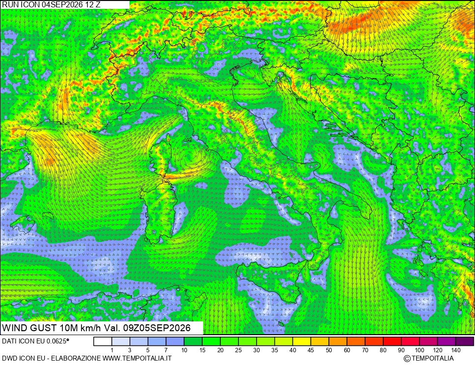 mappa 10 m Vento raffica massima
