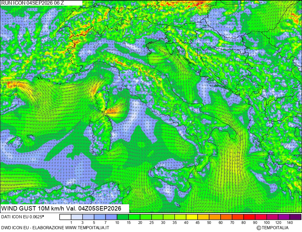 mappa 10 m Vento raffica massima