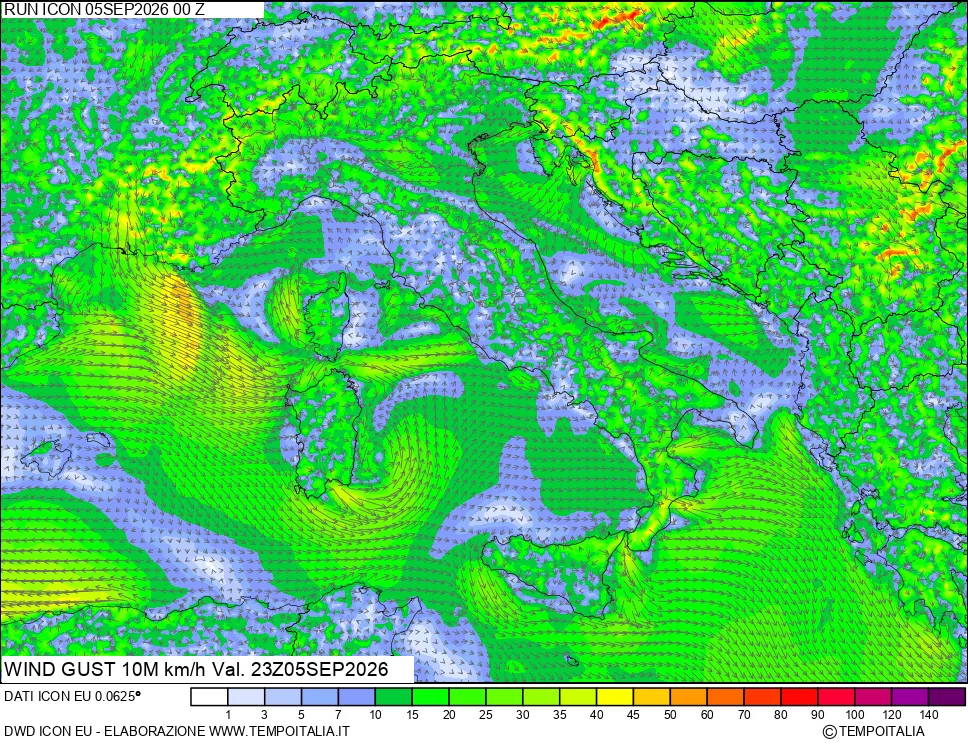 mappa 10 m Vento raffica massima