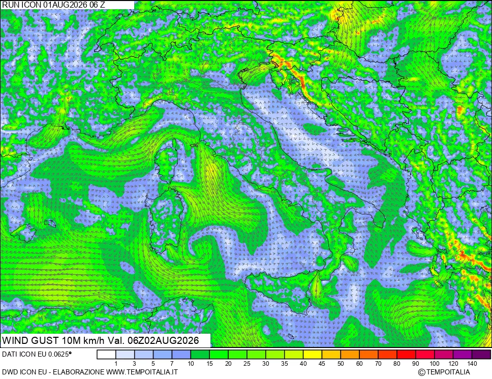mappa 10 m Vento raffica massima