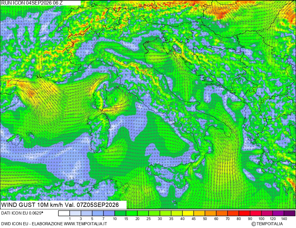 mappa 10 m Vento raffica massima