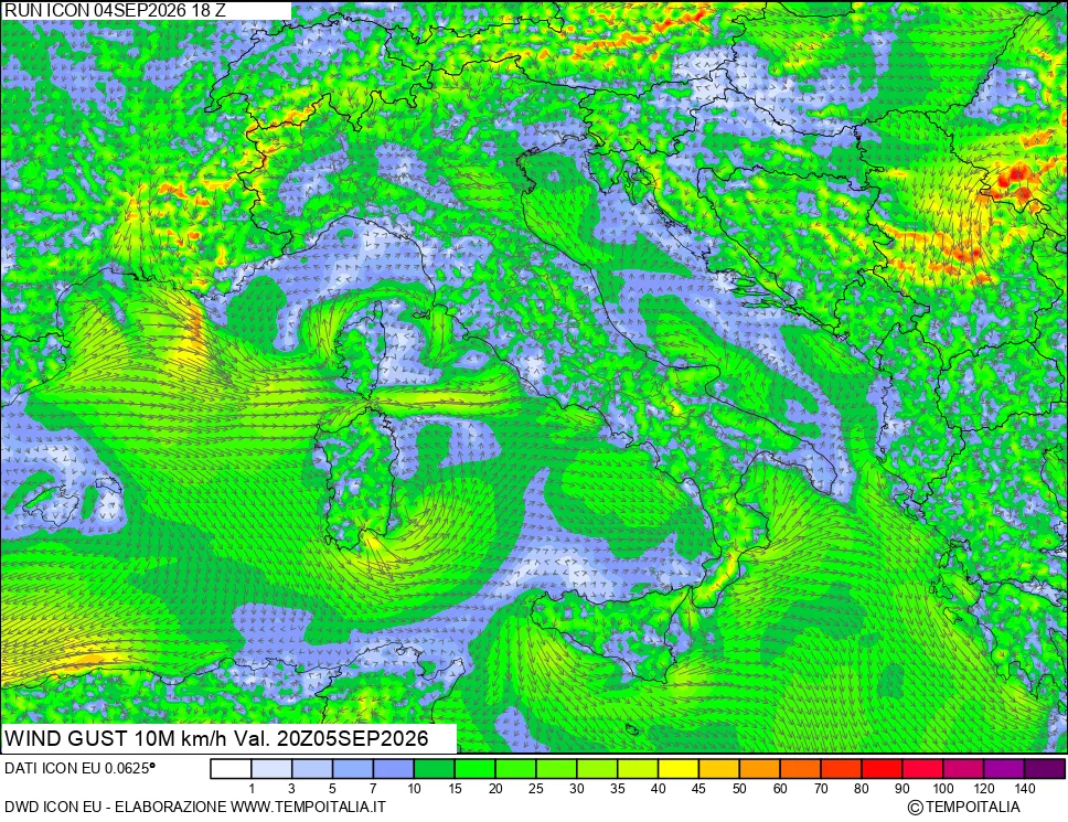 mappa 10 m Vento raffica massima