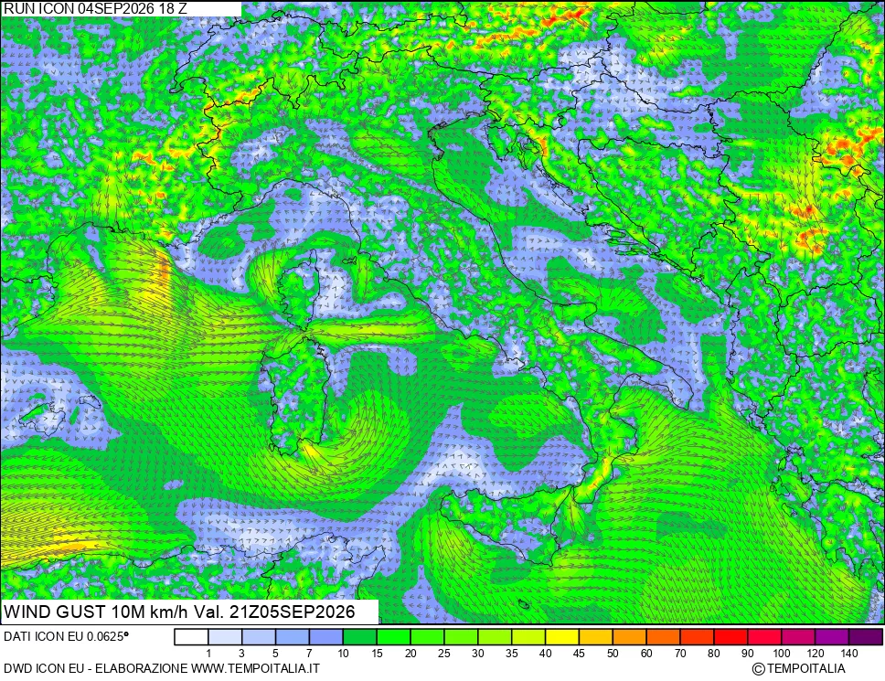 mappa 10 m Vento raffica massima