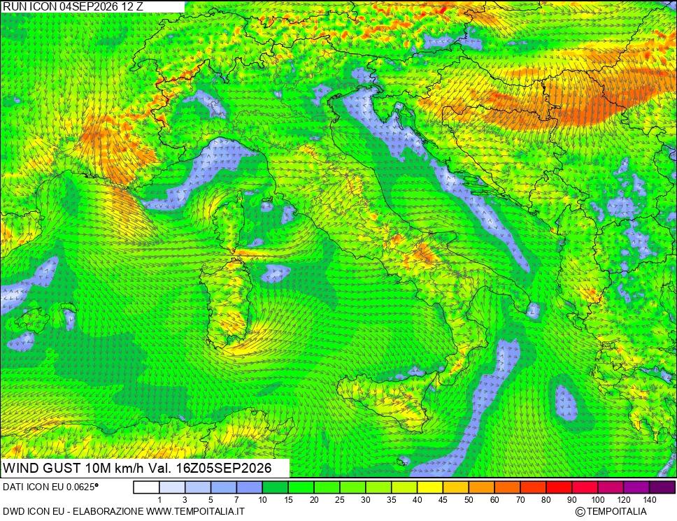 mappa 10 m Vento raffica massima