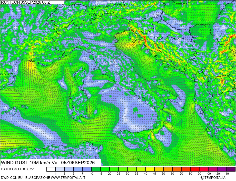 mappa 10 m Vento raffica massima