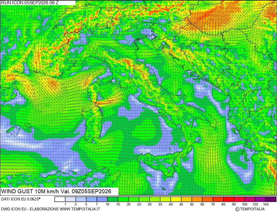 mappa 10 m Vento raffica massima