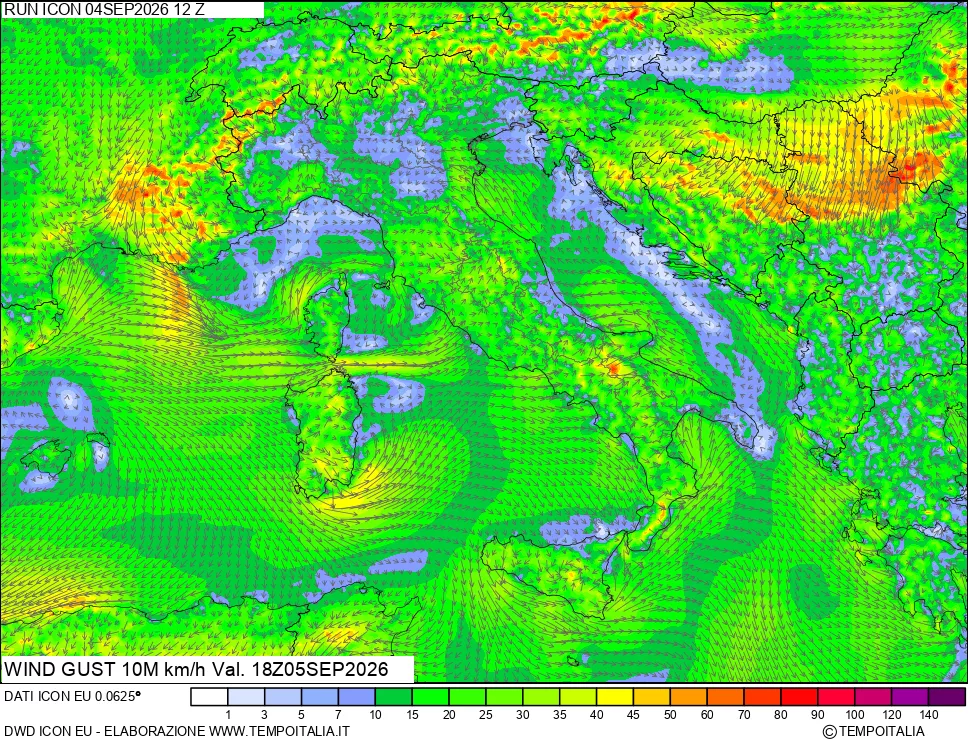mappa 10 m Vento raffica massima