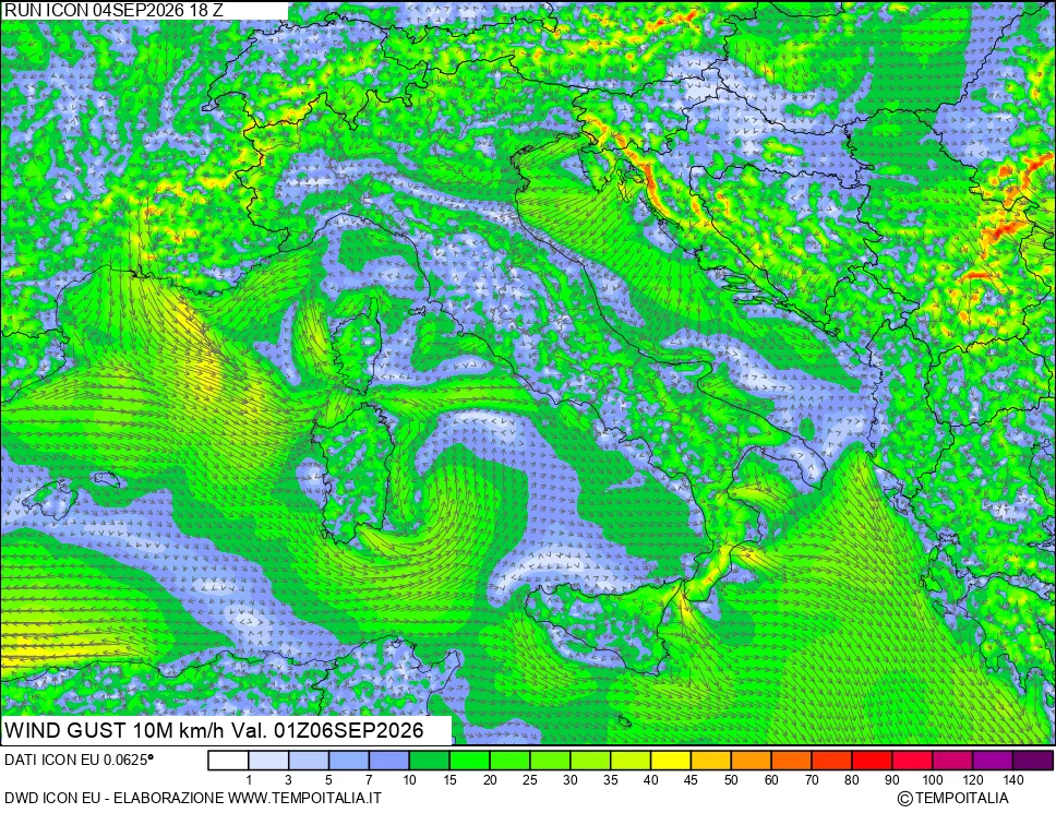 mappa 10 m Vento raffica massima