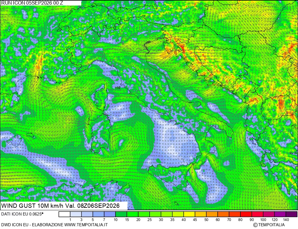 mappa 10 m Vento raffica massima