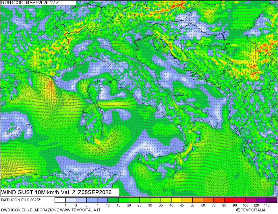 mappa 10 m Vento raffica massima