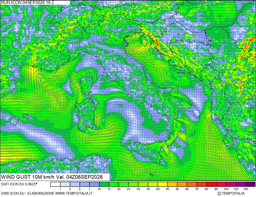 mappa 10 m Vento raffica massima
