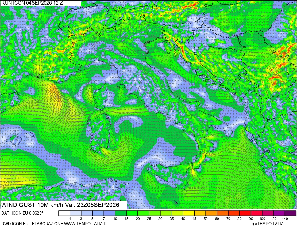 mappa 10 m Vento raffica massima