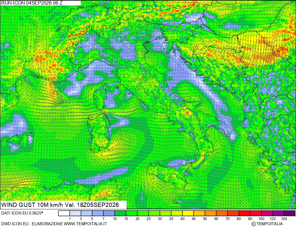 mappa 10 m Vento raffica massima