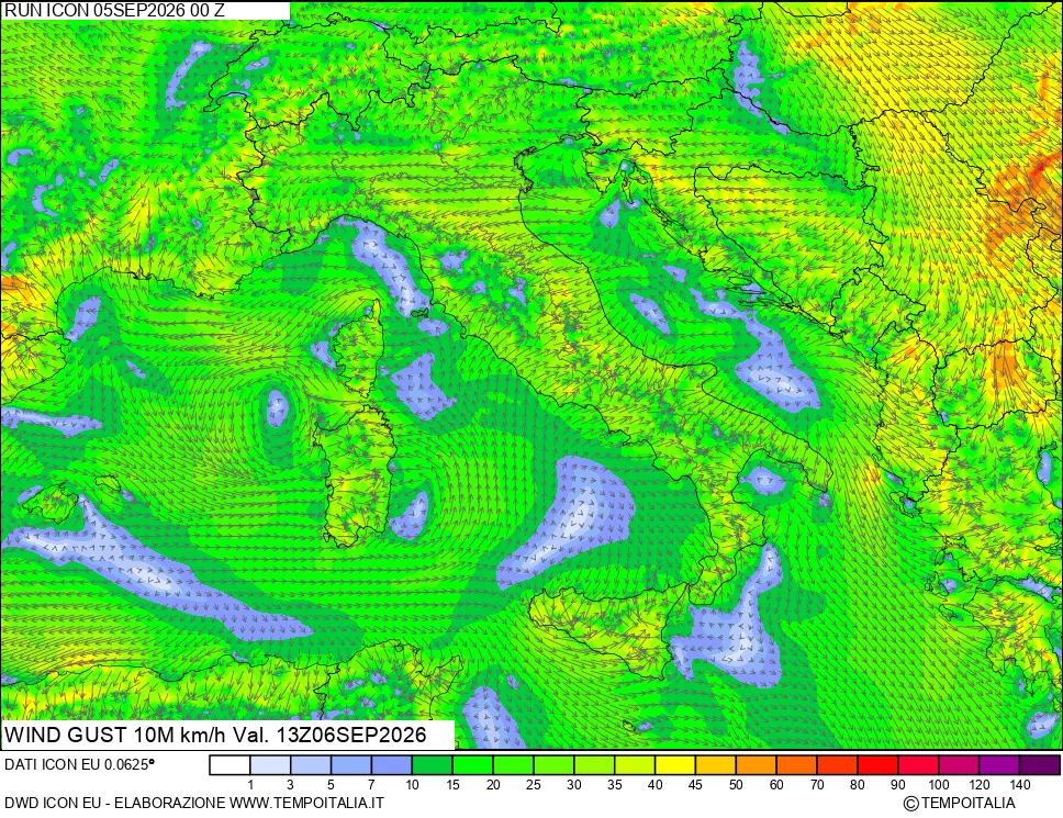 mappa 10 m Vento raffica massima