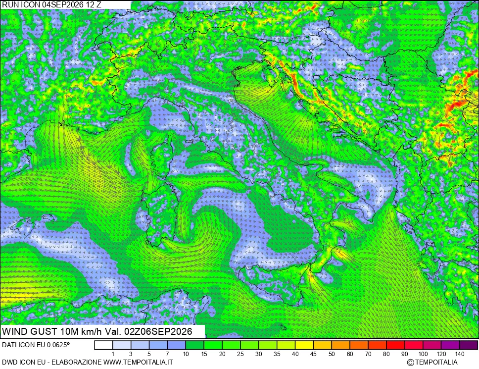mappa 10 m Vento raffica massima