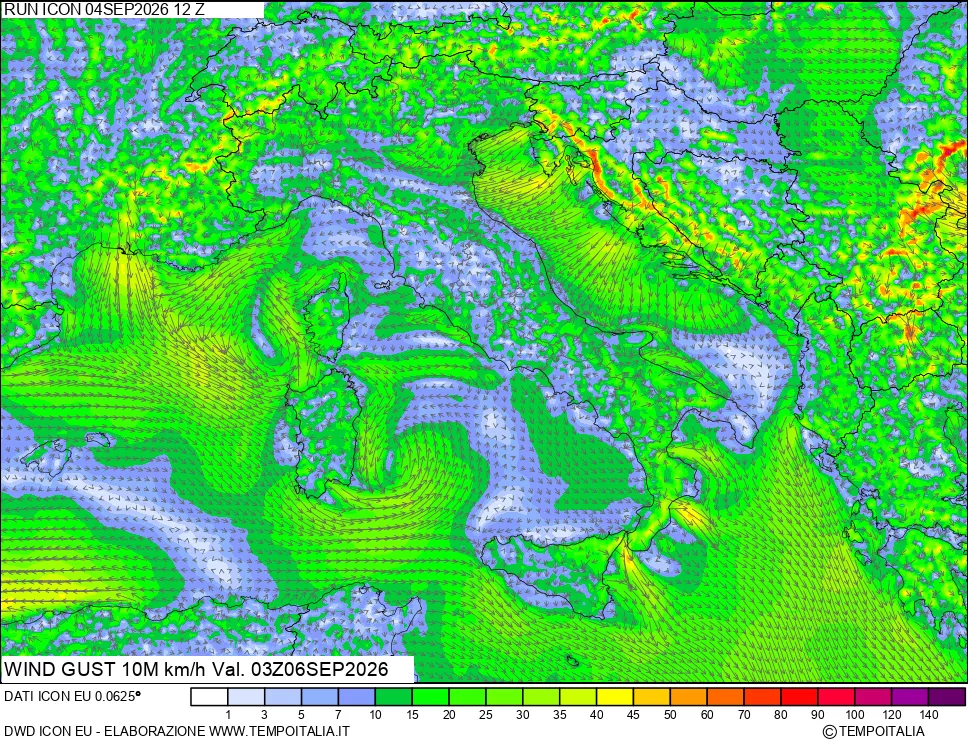 mappa 10 m Vento raffica massima