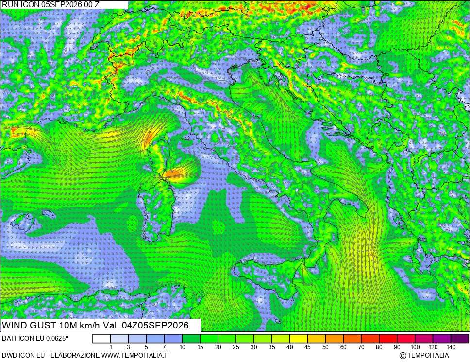 mappa 10 m Vento raffica massima