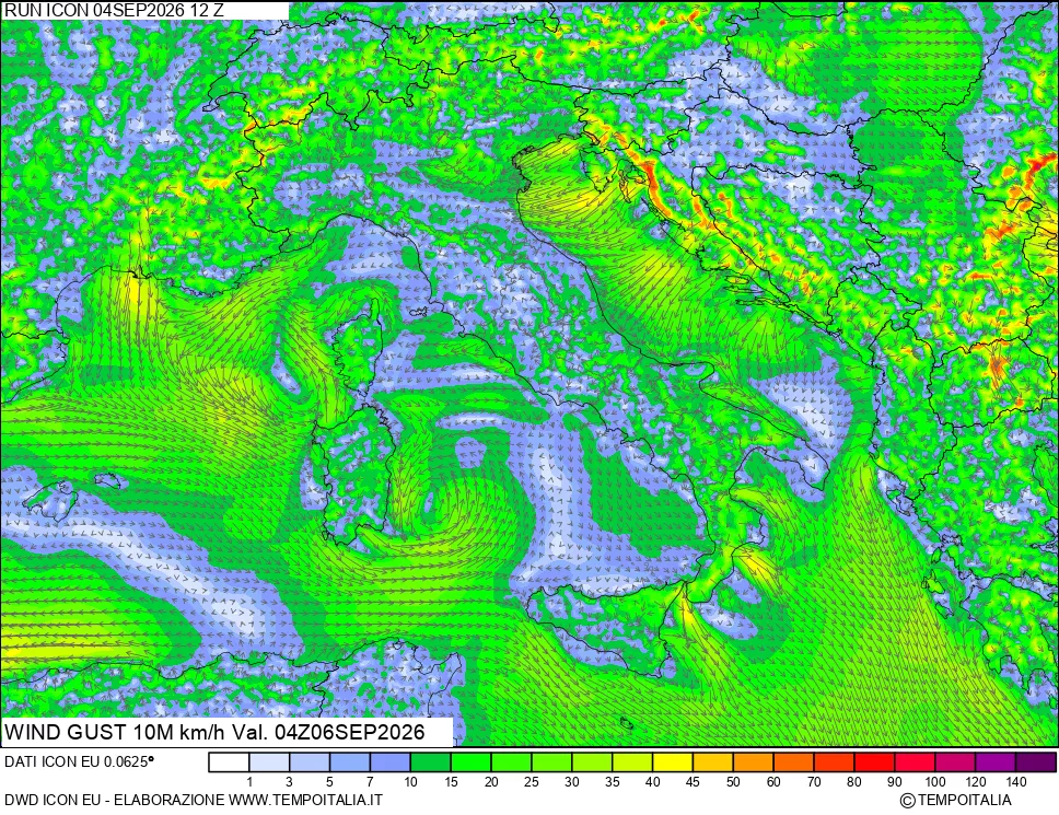 mappa 10 m Vento raffica massima