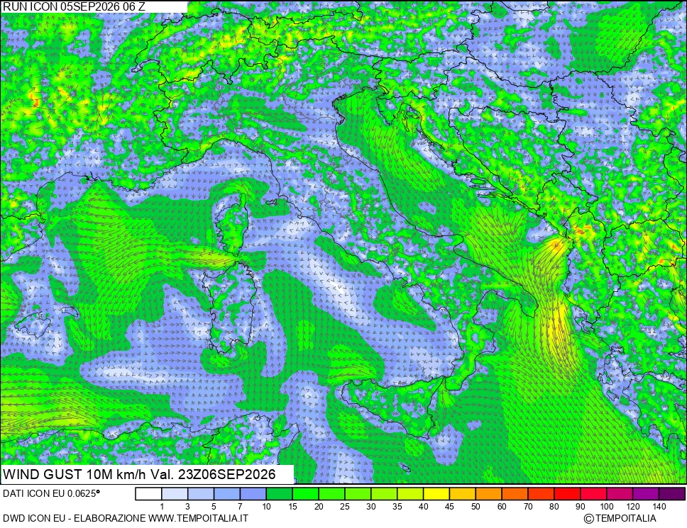 mappa 10 m Vento raffica massima