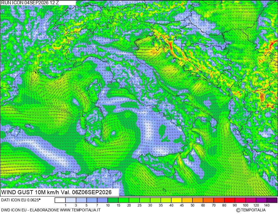 mappa 10 m Vento raffica massima