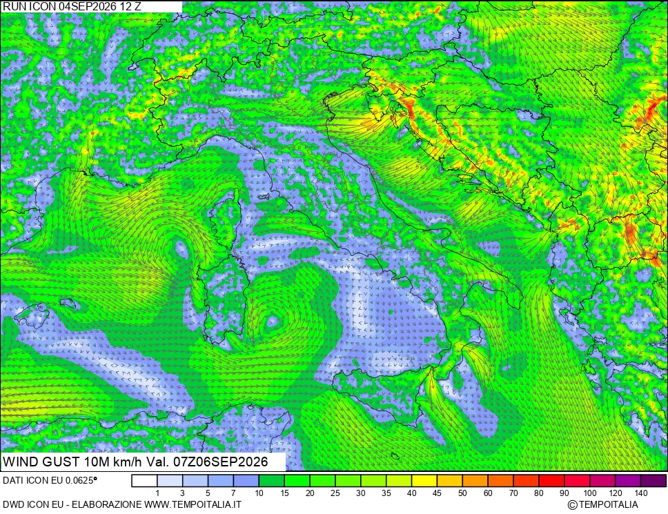 mappa 10 m Vento raffica massima