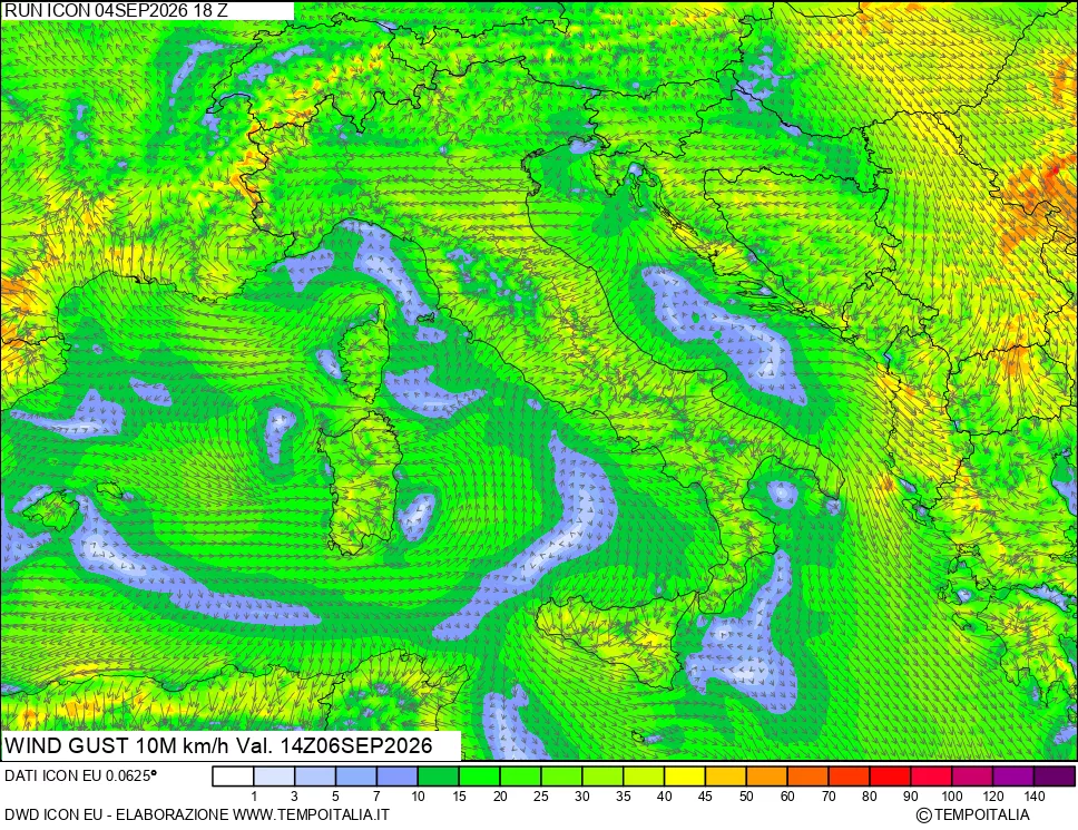 mappa 10 m Vento raffica massima