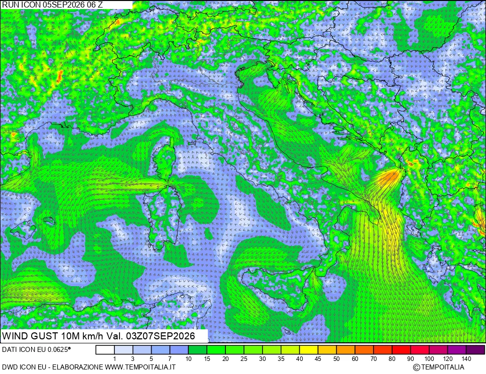 mappa 10 m Vento raffica massima