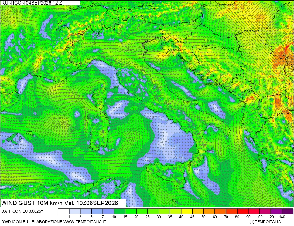mappa 10 m Vento raffica massima