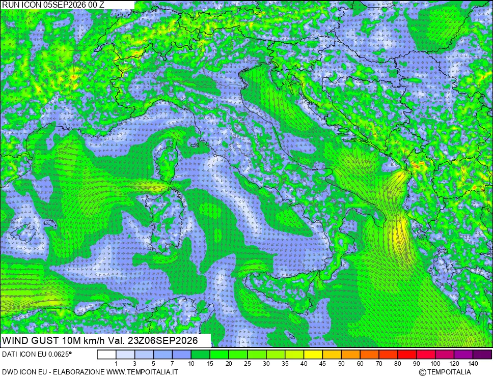mappa 10 m Vento raffica massima