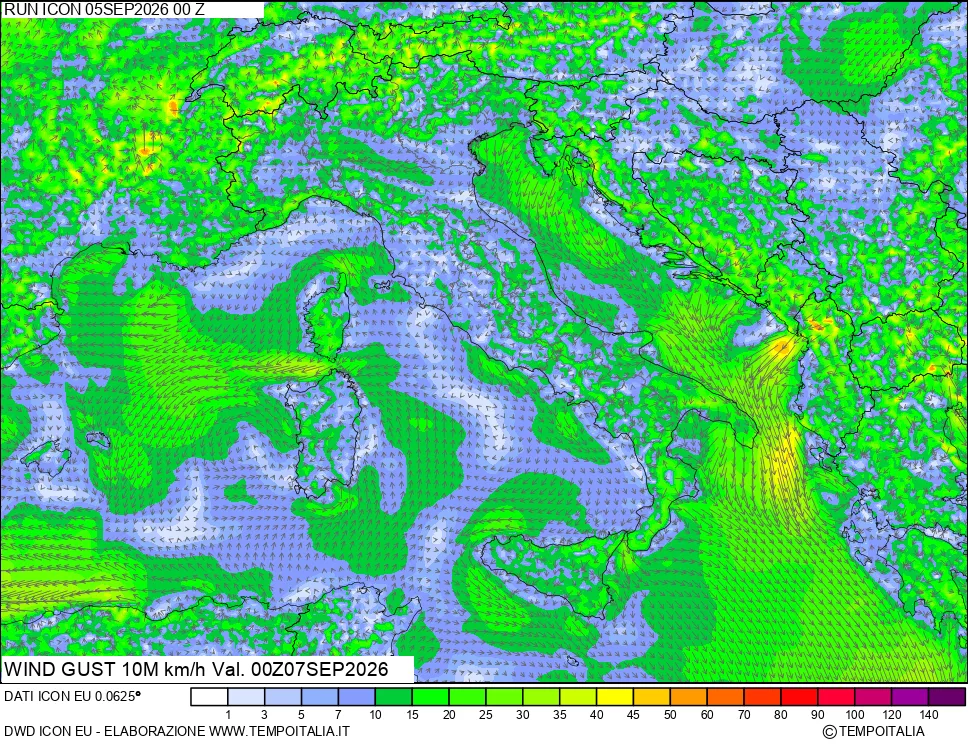 mappa 10 m Vento raffica massima