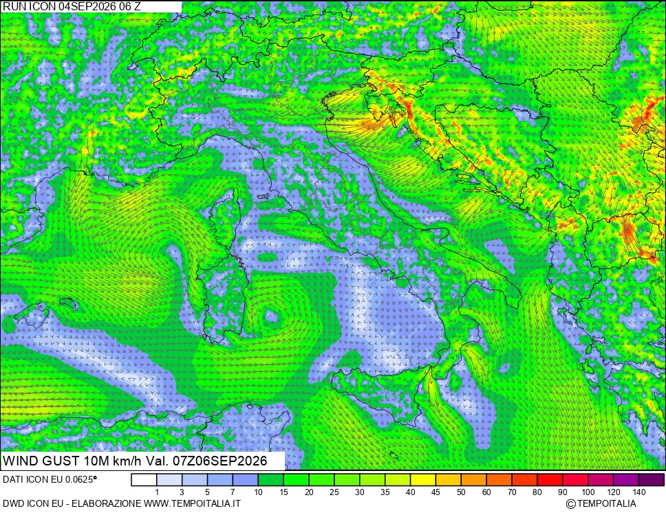 mappa 10 m Vento raffica massima