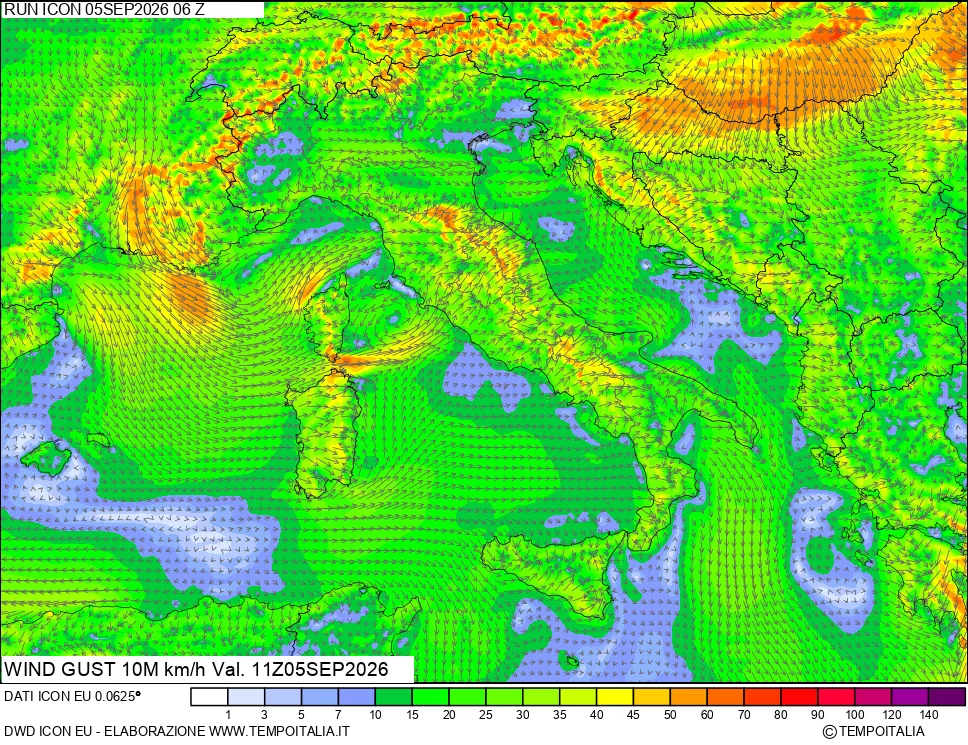 mappa 10 m Vento raffica massima
