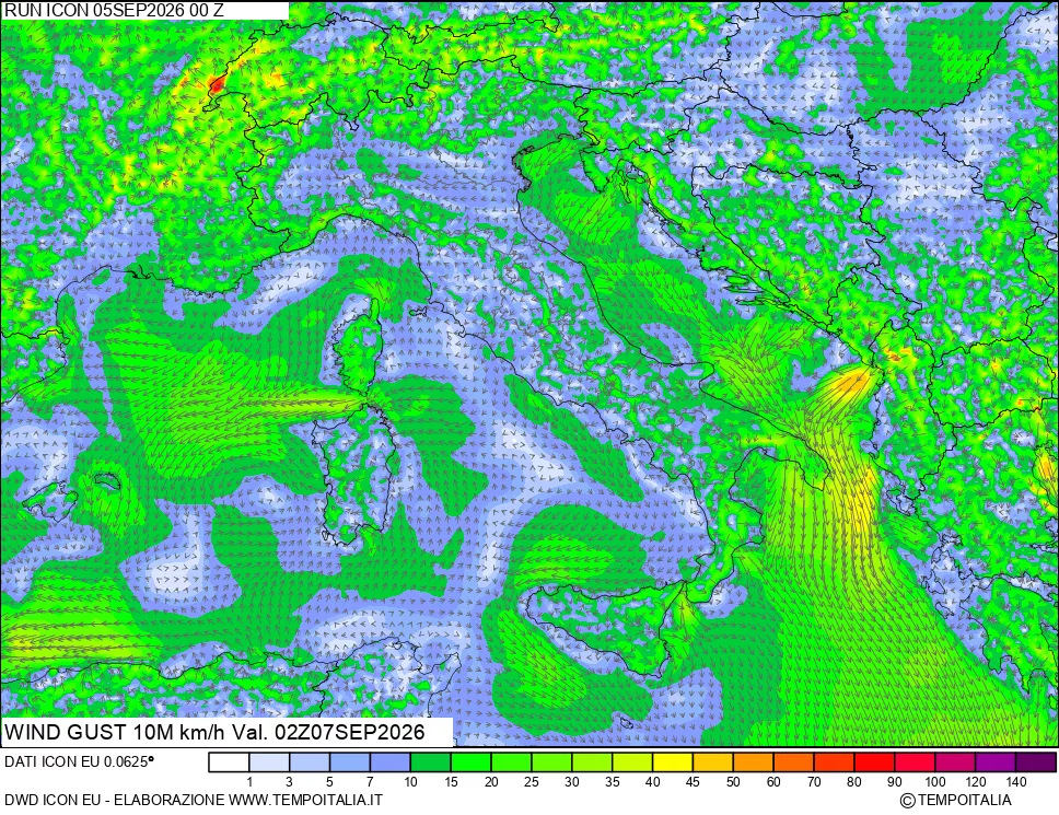 mappa 10 m Vento raffica massima