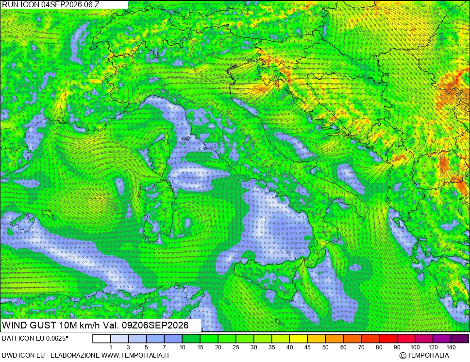 mappa 10 m Vento raffica massima