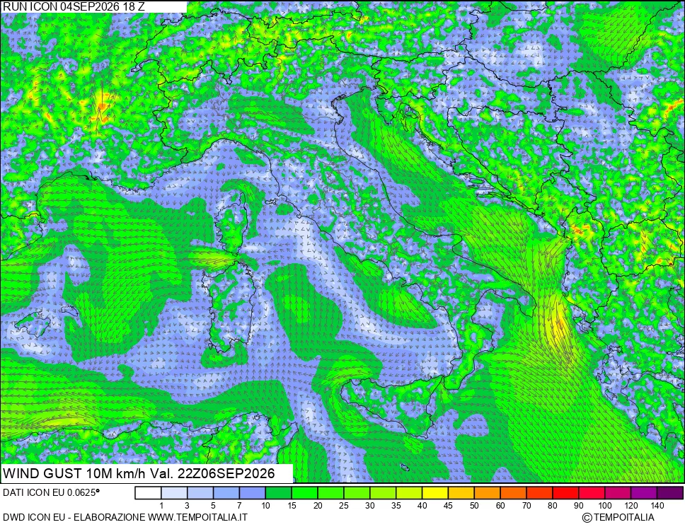 mappa 10 m Vento raffica massima