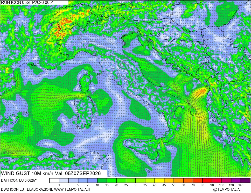 mappa 10 m Vento raffica massima