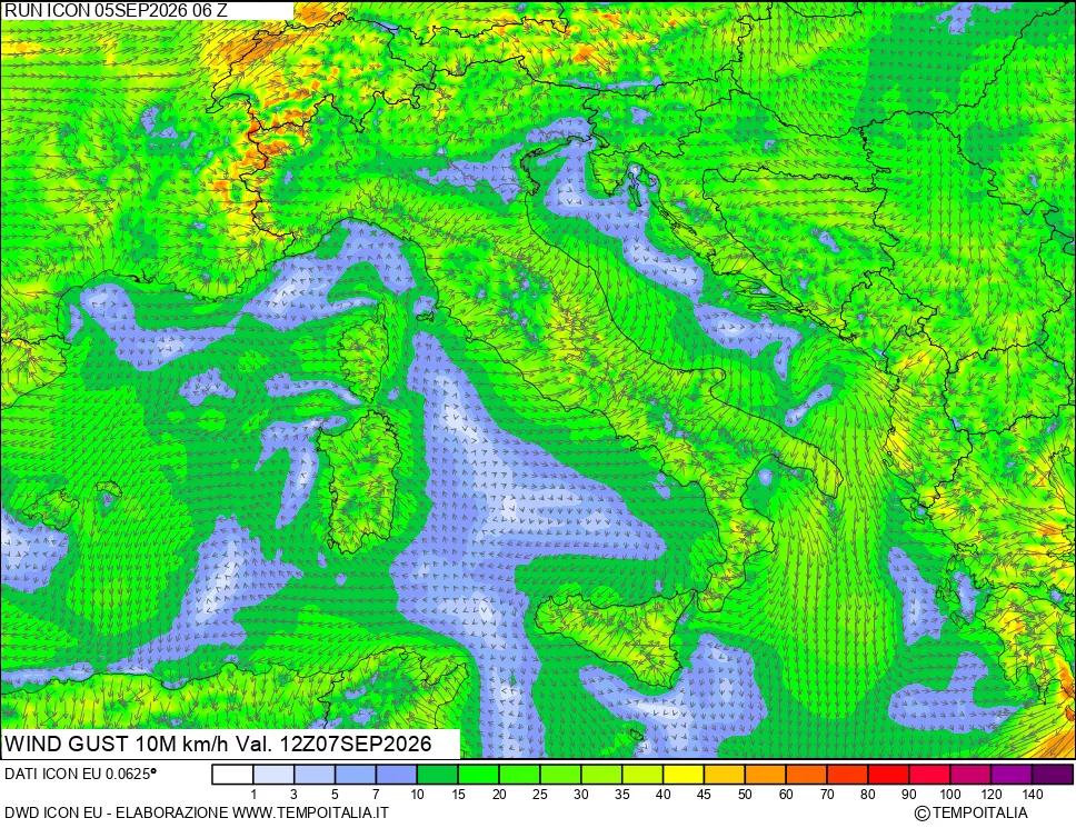 mappa 10 m Vento raffica massima