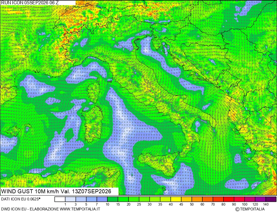mappa 10 m Vento raffica massima